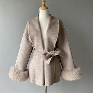 Elegant Women's Tan Coat with Fur Trim